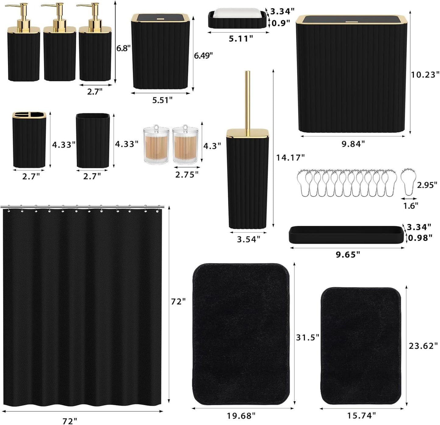 Bathroom Accessory Set - Bathroom Set, 27PC Bathroom Accessories Set, Black Bathroom Sets with Shower Curtain and Rugs, Mini Trash Can, Toilet Brush, Trash Can & Soap Dispenser