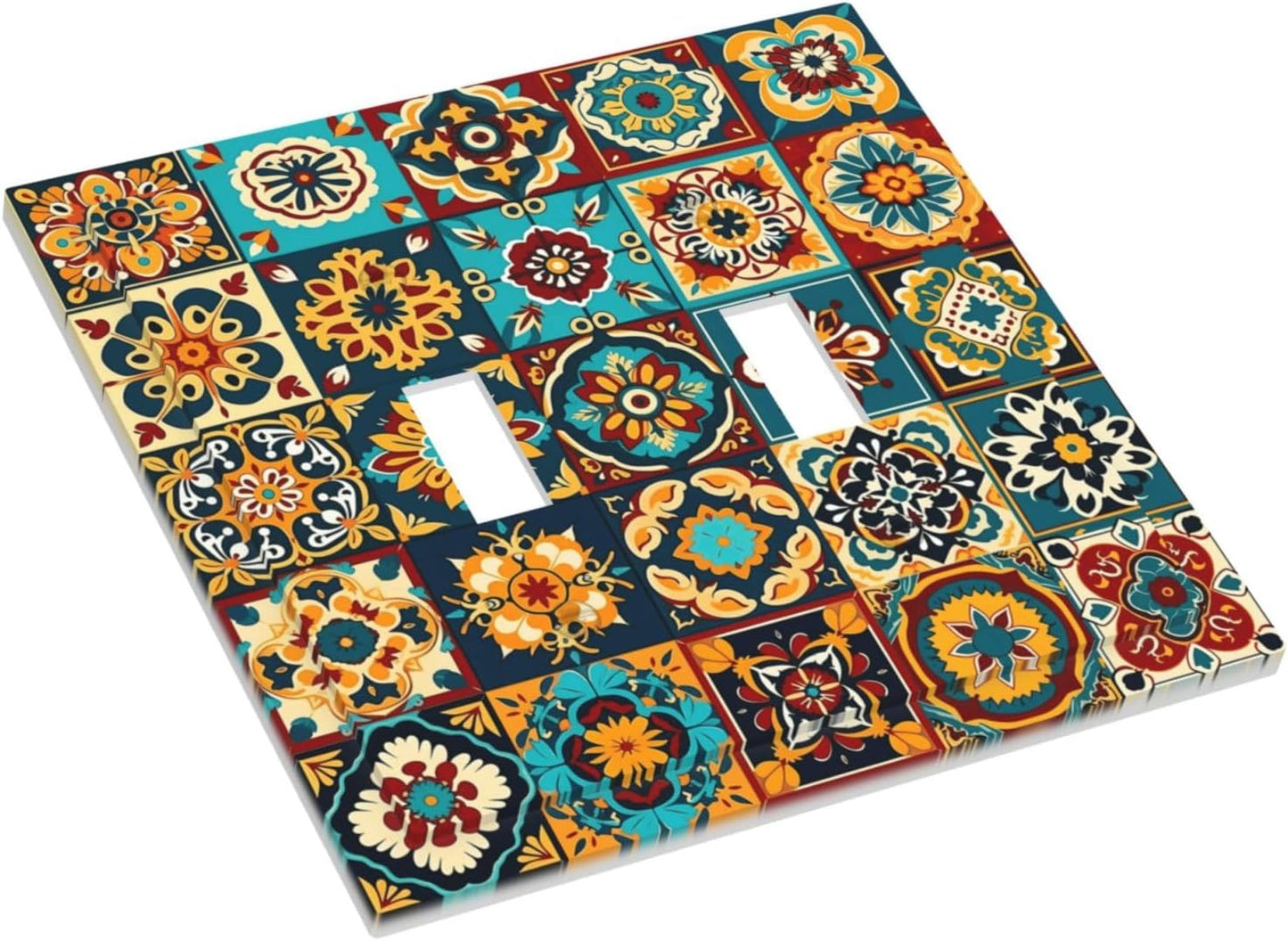 Mexican Talavera Ceramic Tile Moroccan Boho Decorative Switch Plates 2 Gang Double Toggle Outlet Light Switch Cover Wall Plate Electrical Faceplate for Bathroom Kitchen Decor
