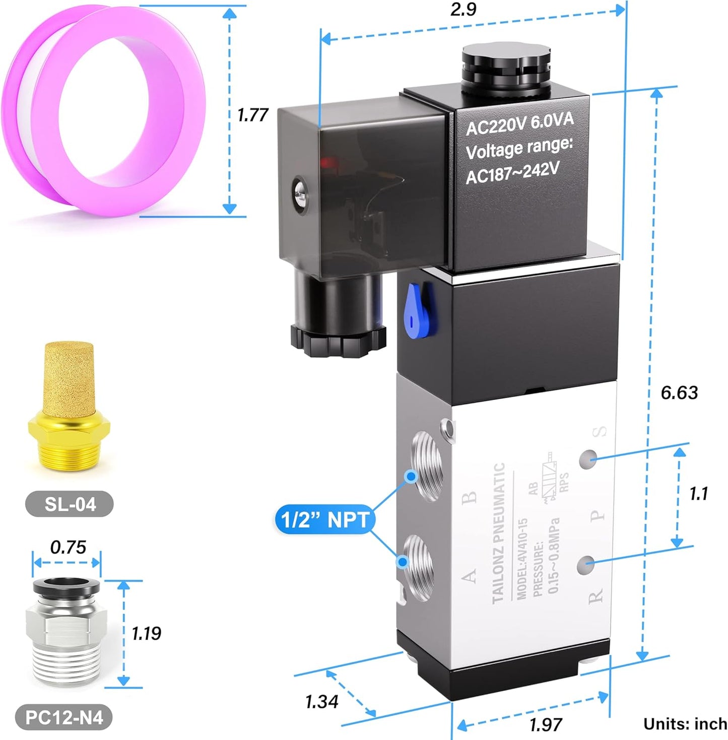TAILONZ PNEUMATIC 1/2"NPT Solenoid Valve 4V410-15 12V/24V/110V/220V Single Coil Pilot-Operated Electric 2 Position 5 Way Connection Type Junction Box