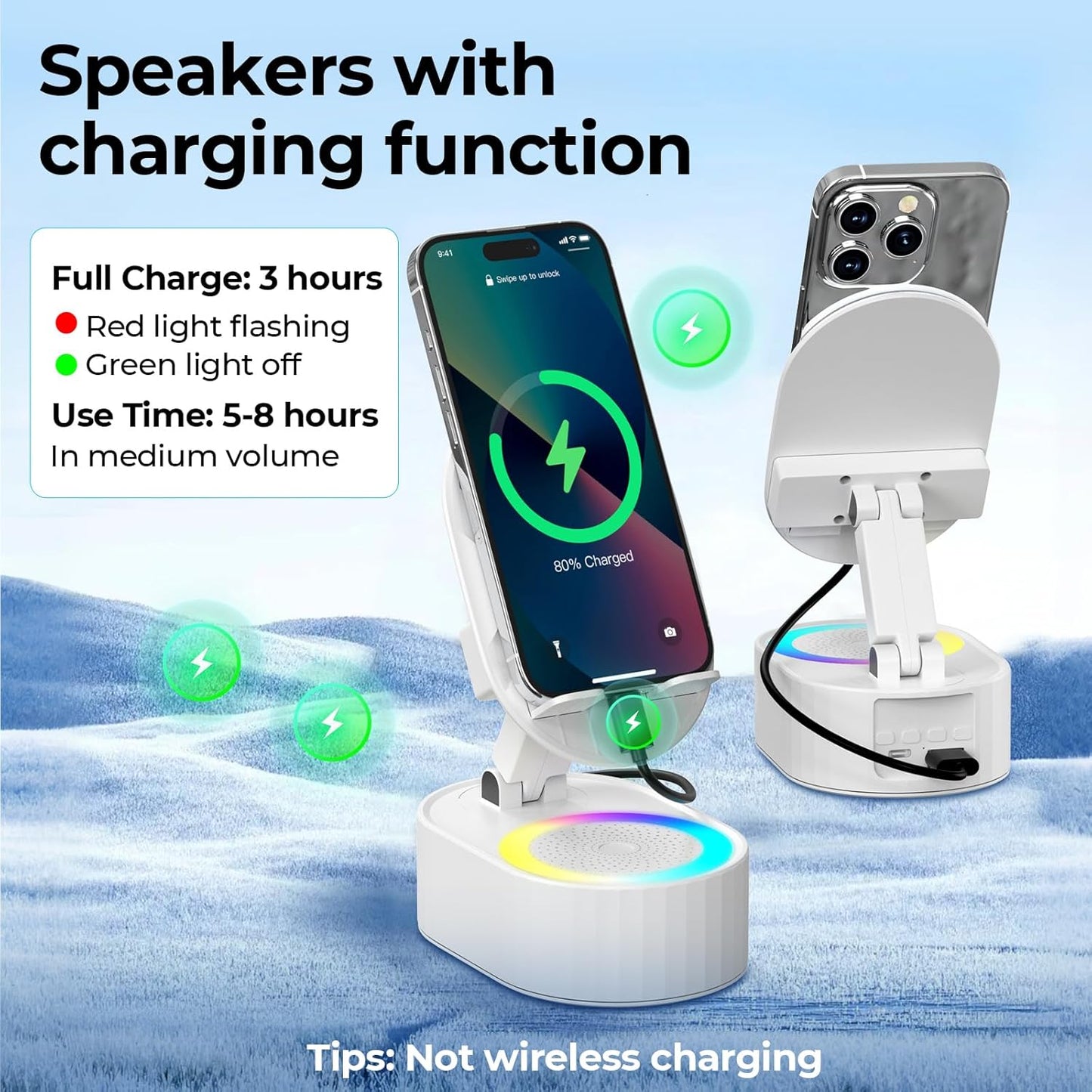 Wireless Induction Audio Bluetooth Speaker 5in1 Phone Holder Emergency Rechargeable (3000mAh) with Colorful Ambient Light 300° Foldable for Tablet iPhone Android, Gifts for Men Women (White)
