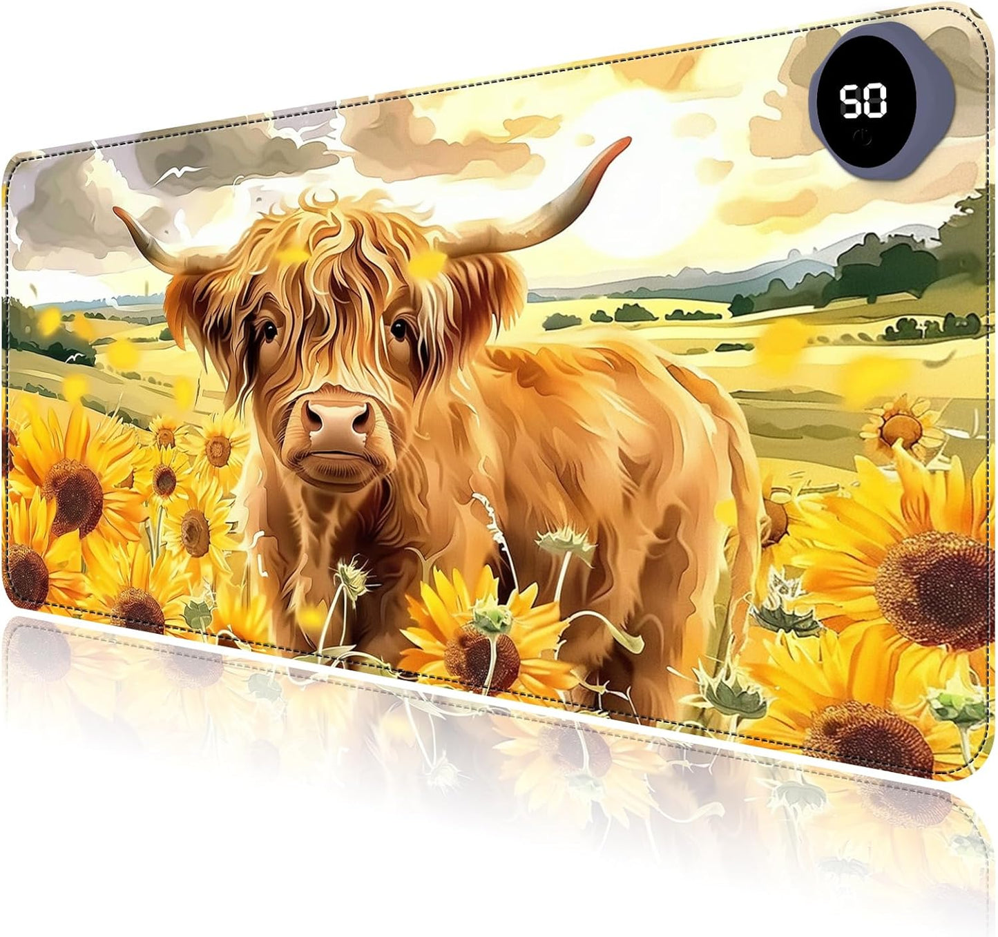 Heated Mouse Pad with 3 Levels Heated & 3 Hours Auto Shut-Off Mouse Pad for Warming Hands in Office Home, 23.6" x 14.2"Large Safe Desk Mat Hand Warmer，Sunflower Highland Cow