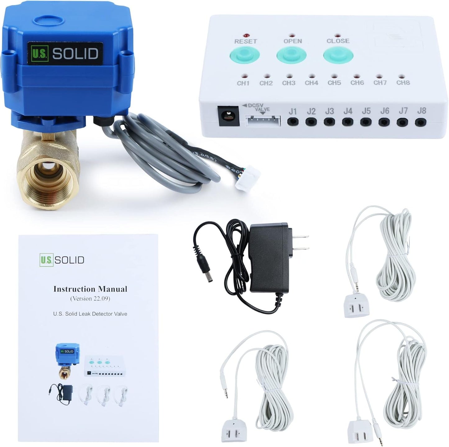 U.S. Solid Water Leak Detector - Water Leak Detect and Protect System with 3/4" Brass Motorized Ball Valve, Controller and 3 Sensors