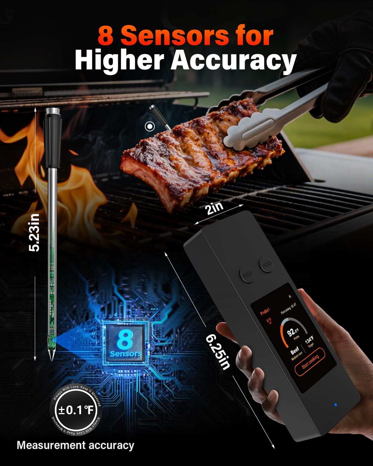 Bluetooth Wireless Meat Thermometer with App, Touch Screen, Audible Alarm, 2 Probes, 800ft Range & Rechargeable Base, Kitchen Food Thermometer for Cooking, BBQ, Smoker | Stocking Stuffers for Men