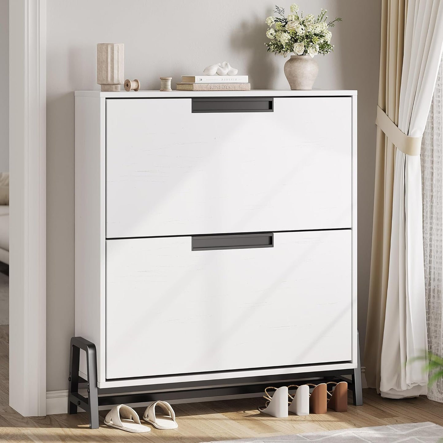 CABIHOME Shoe Storage Cabinet with 2 Flip Drawers, Freestanding Shoe Organizer with Metal Legs, Adjustable Shelf Narrow Shoe Rack Cabinet for Entryway, Hallway, Living Room, White