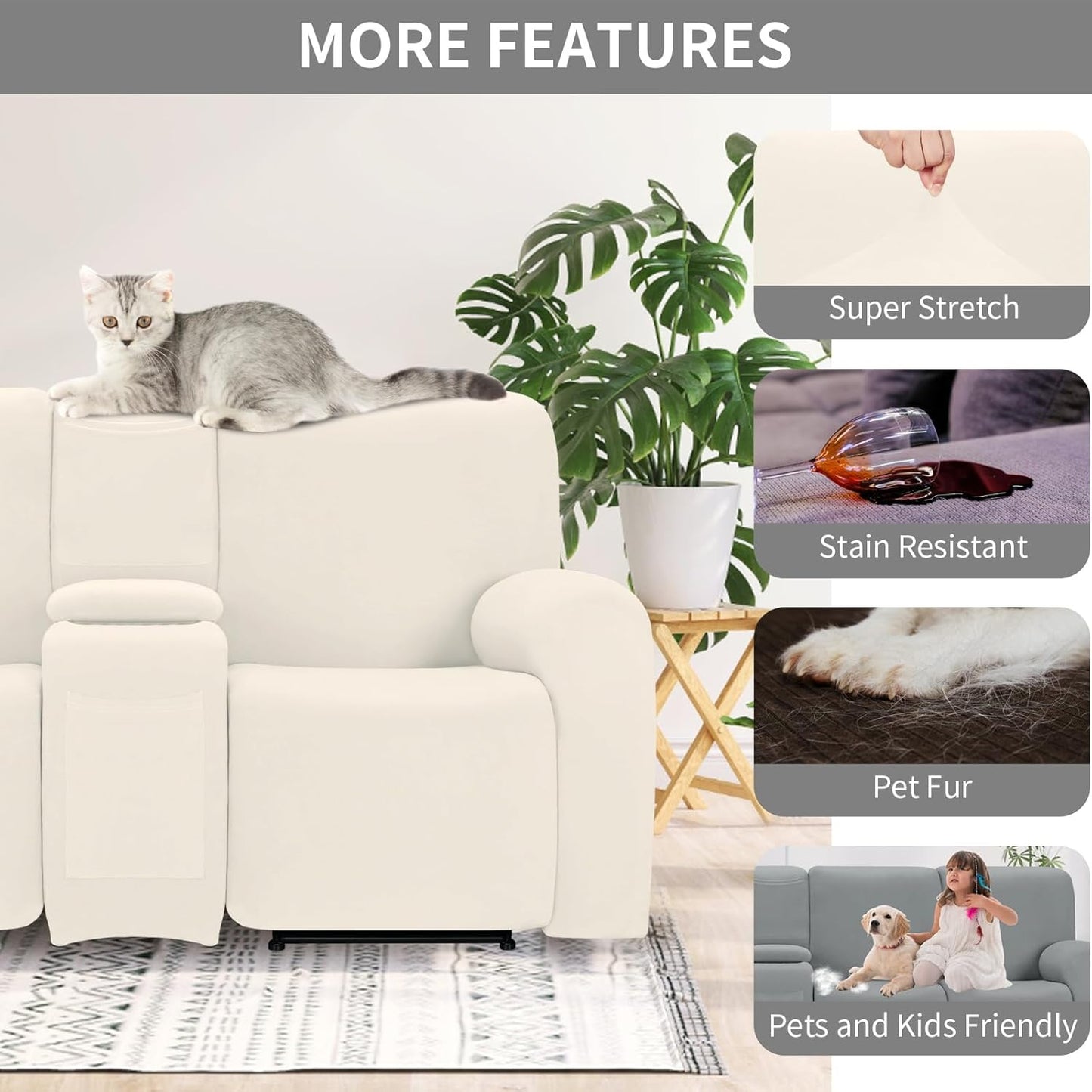 Easy-Going 100% Waterproof Recliner Console Cover, Stretch Middle Console Couch Covers for Reclining Sofas, Sectional L-Shape Furniture Protector for Kids & Pets, 1 Console Cover, Beige