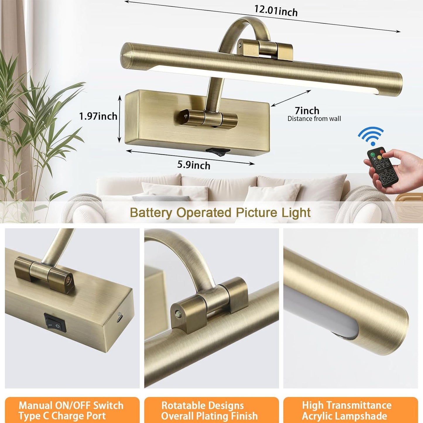 Wireless Picture Lights for Wall,12 Inch Battery Operated Picture Light,3CCT Dimmable Lights for Pictures on Wall with Timer and Remote for Display Photo Frame (Antique Bronze, 12inch)