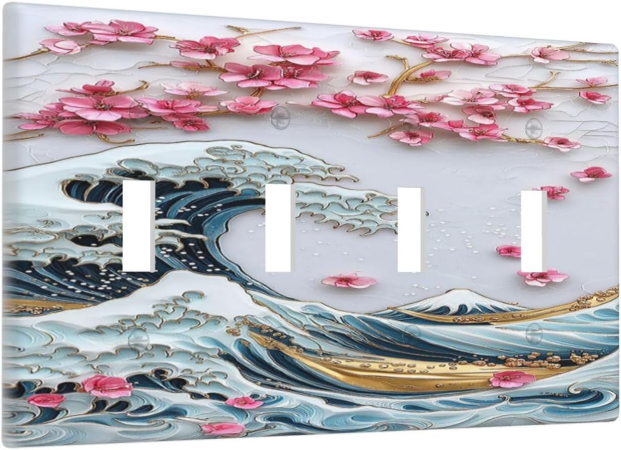 Light Switch Covers The Great Wave Off Kanagawa With Sakura Quad Toggle Electrical Faceplate 4 Gang Wall Plate Decorative Switch Plates for Bedroom Bathroom Decor