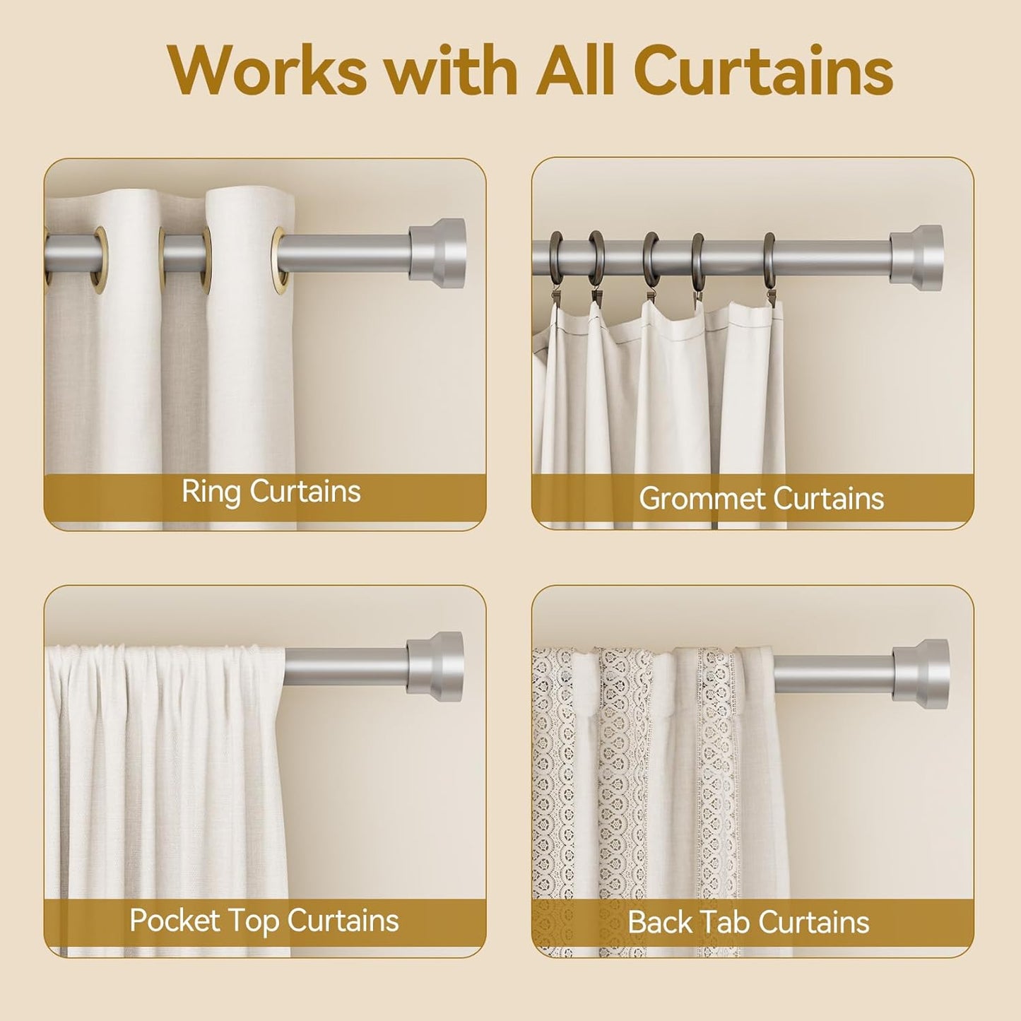 Curtain Rod 32-58 Inch, Heavy Duty 1 Inch Adjustable Curtain Rods for Windows, Sliver Short Window Treatment Rods, Modern Design, Easy Installation