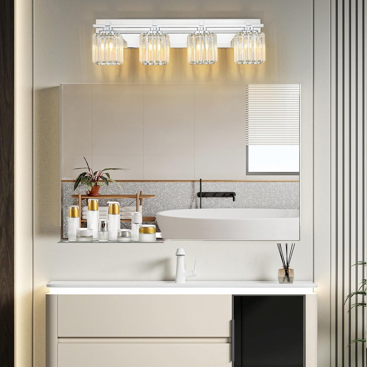 Crystal Bathroom Light Fixtures, 4 Light Chrome Vanity Lighting Over Mirror with Crystal Shades, Modern Bathroom Vanity Light for Restroom, Bath, Cabinet and Powder Room