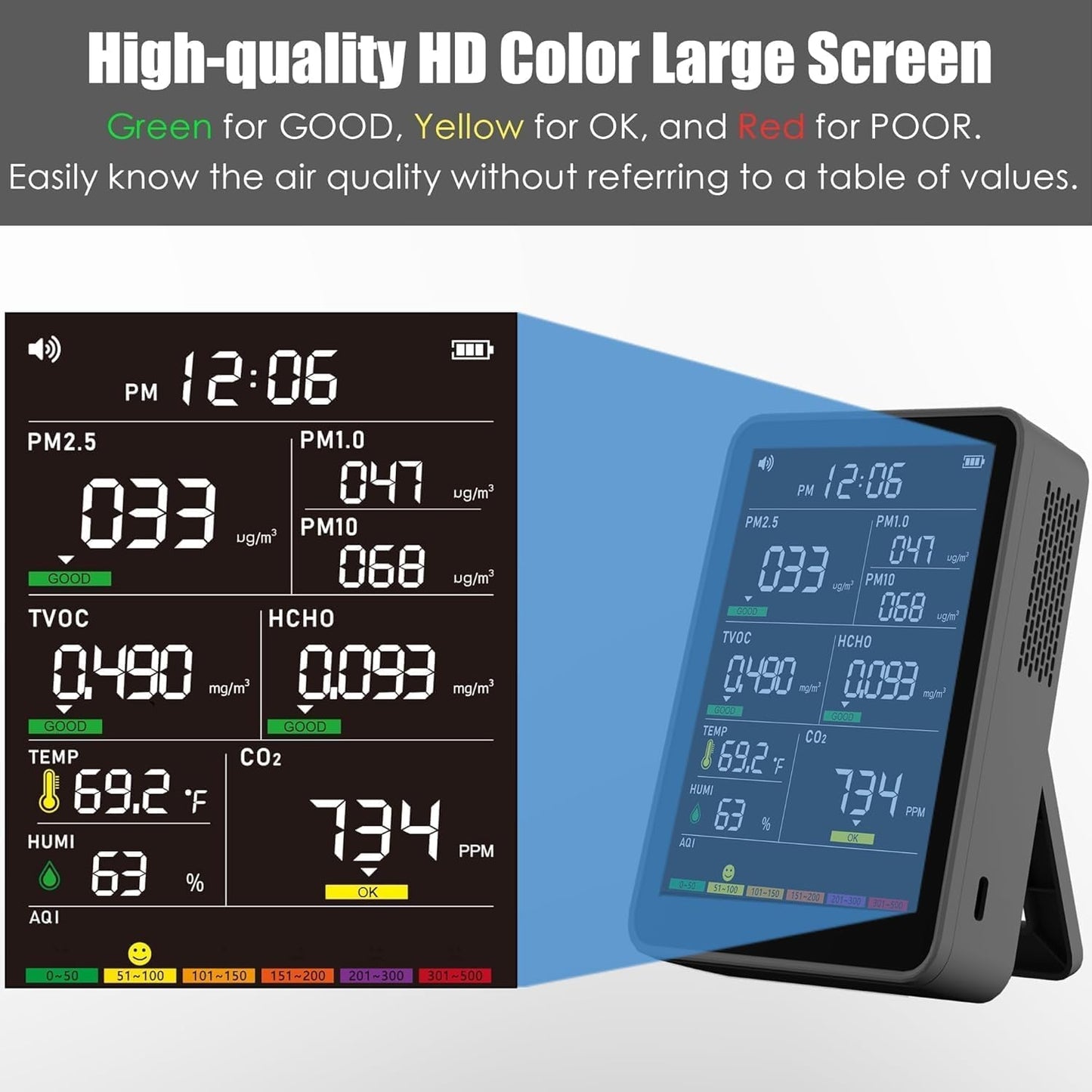 Professional Indoor Air Quality Monitor with AQI Beep Alarms, Portable Real-Time Detector for Home Cars Plants and Pets (Black)