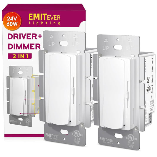 Dimmer Light Switch & 24V 60W Dimmable LED Driver 2 in 1, 2PK Single-Pole or 3-Way Slide Dimmer Switches for Led Strip Lights,120VAC to 24VDC Power Supply for Low Voltage Project, UL Listed