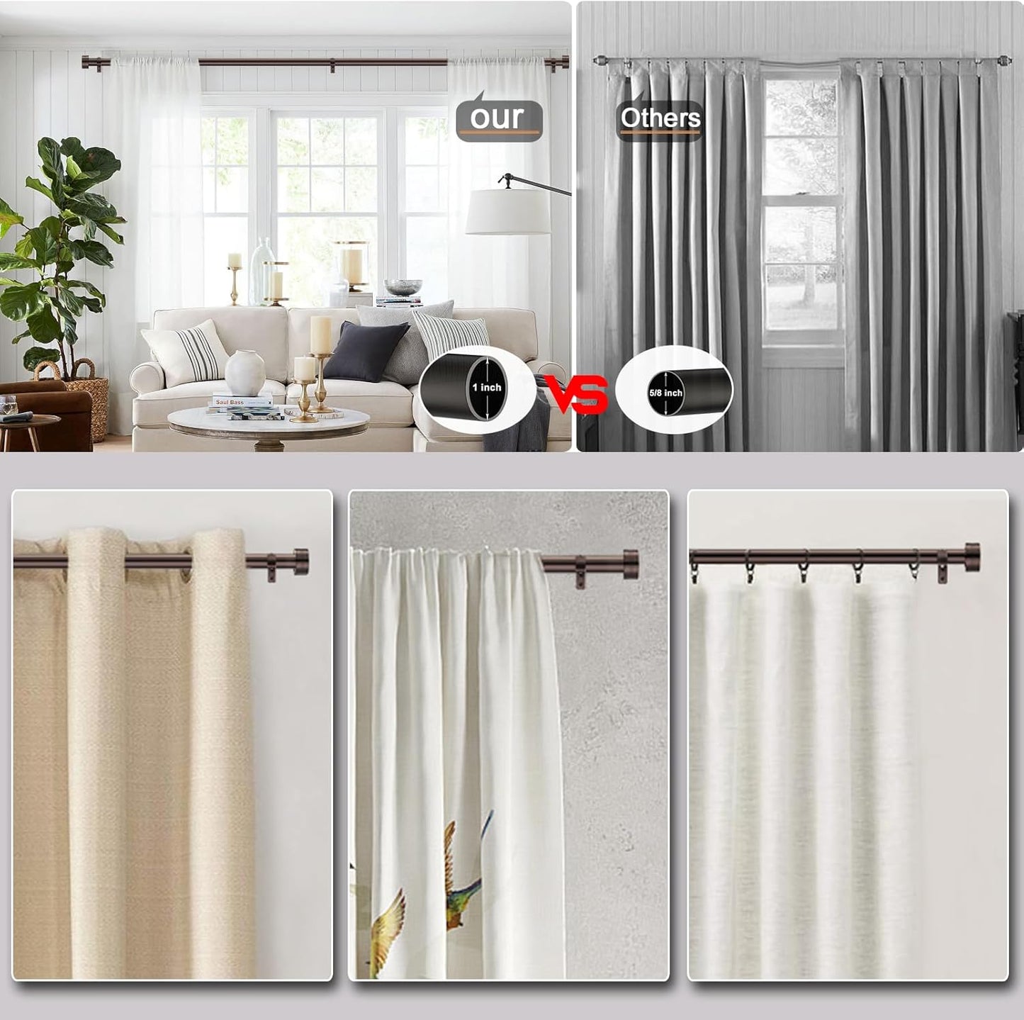 Adjustable Curtain Rods-18 to 88 Inches,1 Inch Modern Metal Drapery Rods, Adjustable Heavy Duty Curtain Pole with Simple End Caps