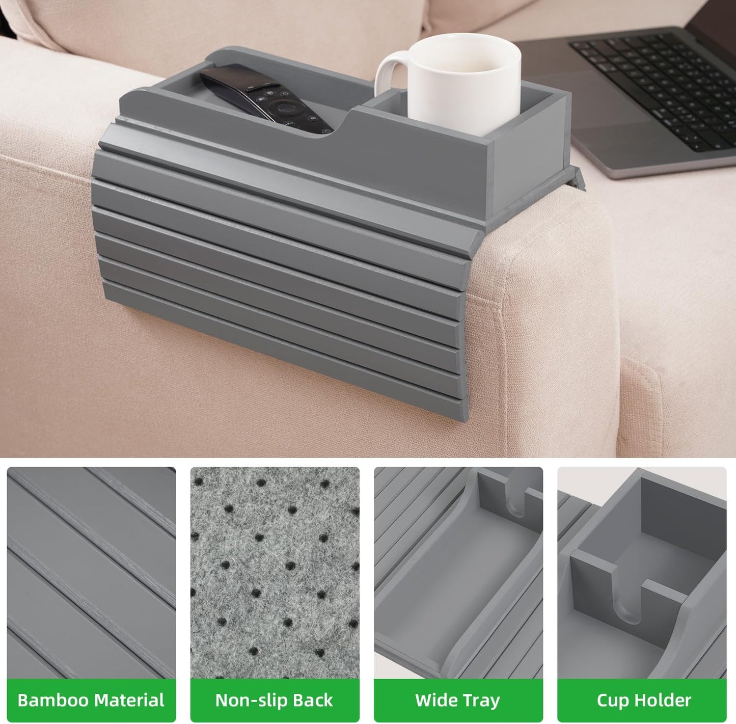 GEHE Bamboo Couch Cup Holder, Anti-Spill Sofa Arm Tray, Natural and Easy to Clean Couch Arm Cup Holder Armrest Tray Perfect for Cups, Beers, Snacks, Remote Control, Drinks