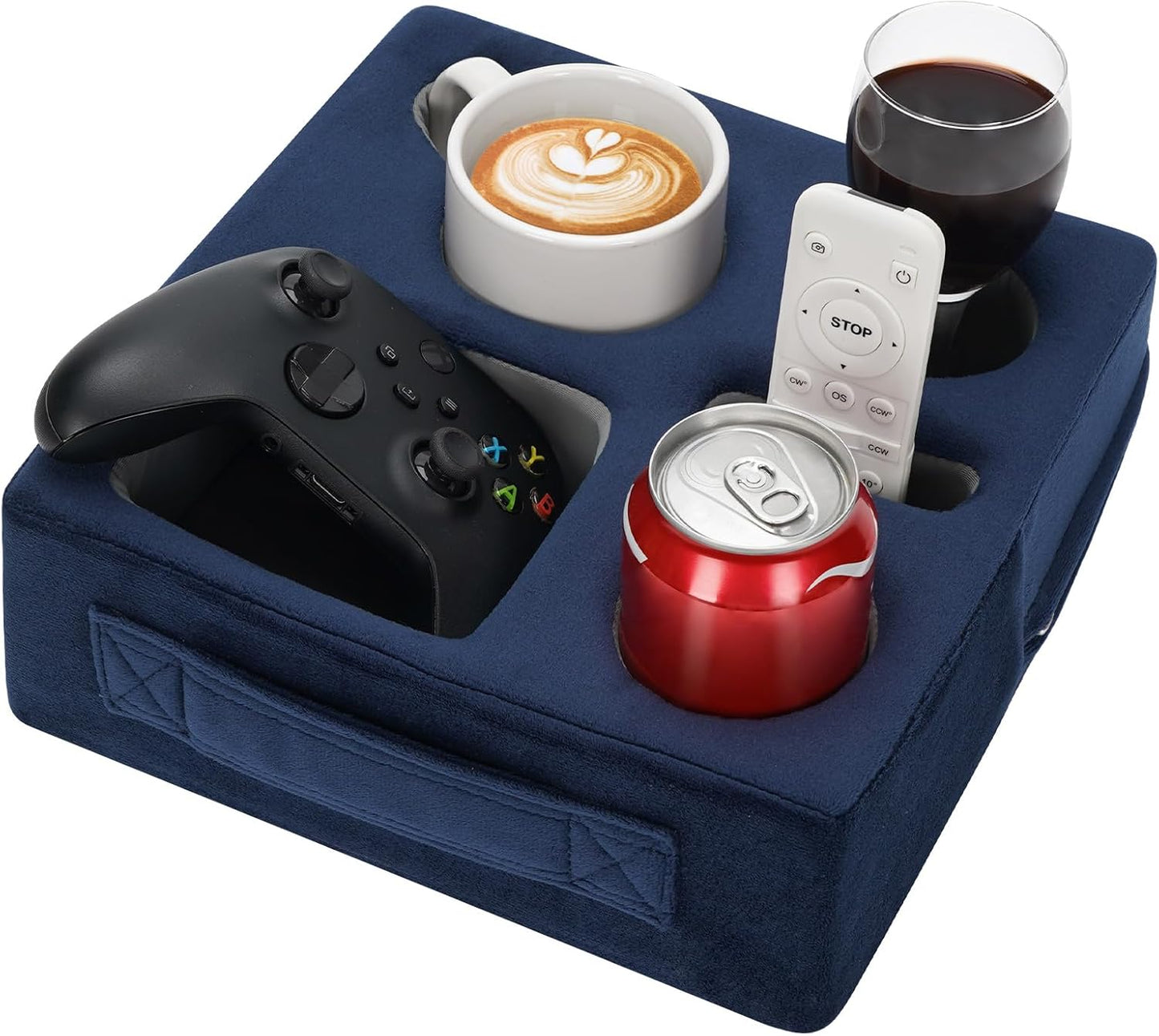 STBoo Couch Cup Holder Pillow - Sofa Drink Cup Holder Cozy Buddy | Bed Caddy Organizer Holds Remote, Snacks, Phones | Waterproof Anti-Spill Sofa Beverage Tray for Car, Pack, Beach, RV, Boat (Navy)