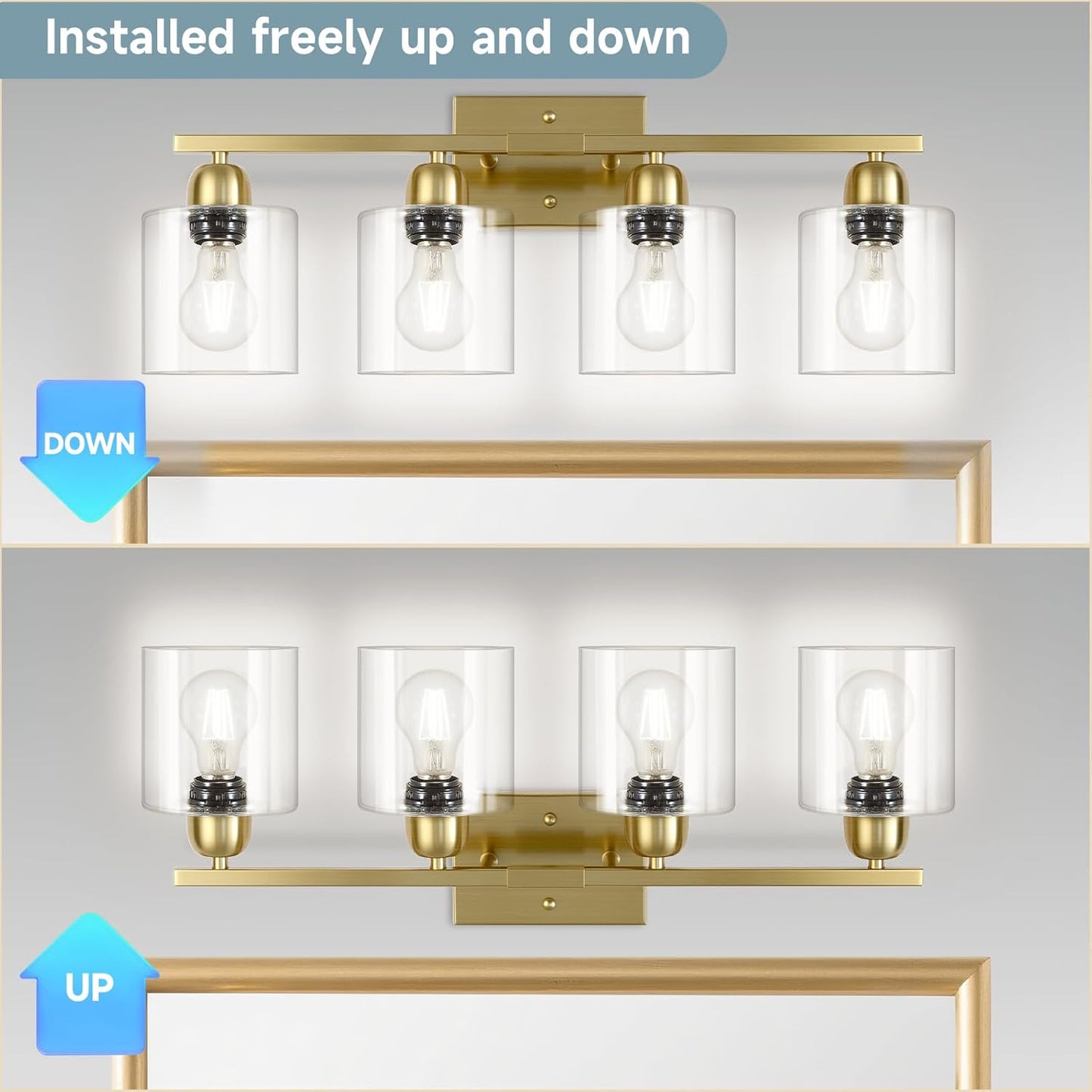 Modern Brushed Gold 4 Light Bathroom Light Fixtures, 24 inch Vanity Lights for Bathroom with Clear Glass, Bathroom Vanity Light for Mirror Kitchen Living Room Hallway Cabinet Porch