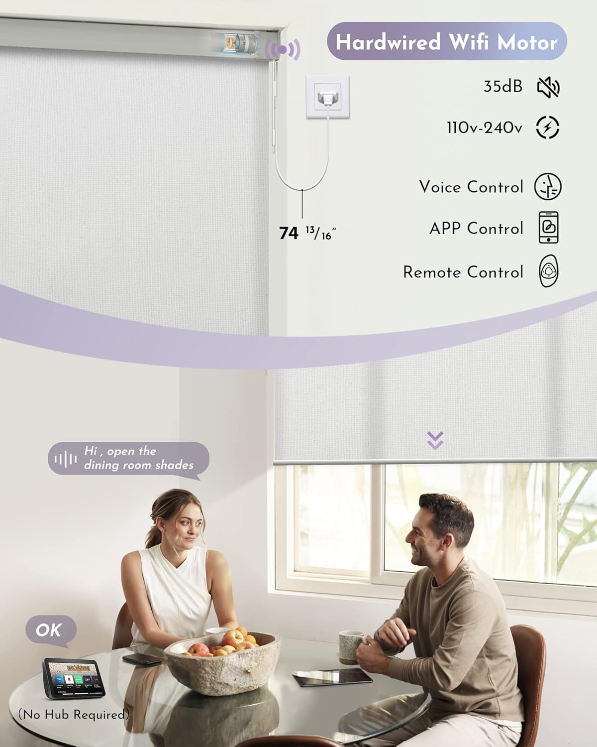 Graywind Motorized Light Filtering Shades Compatible with Alexa Google Hardwired WiFi Smart Half Shading Remote Control Automated Blinds Electric Window Shades, Custom Size (Pure White)