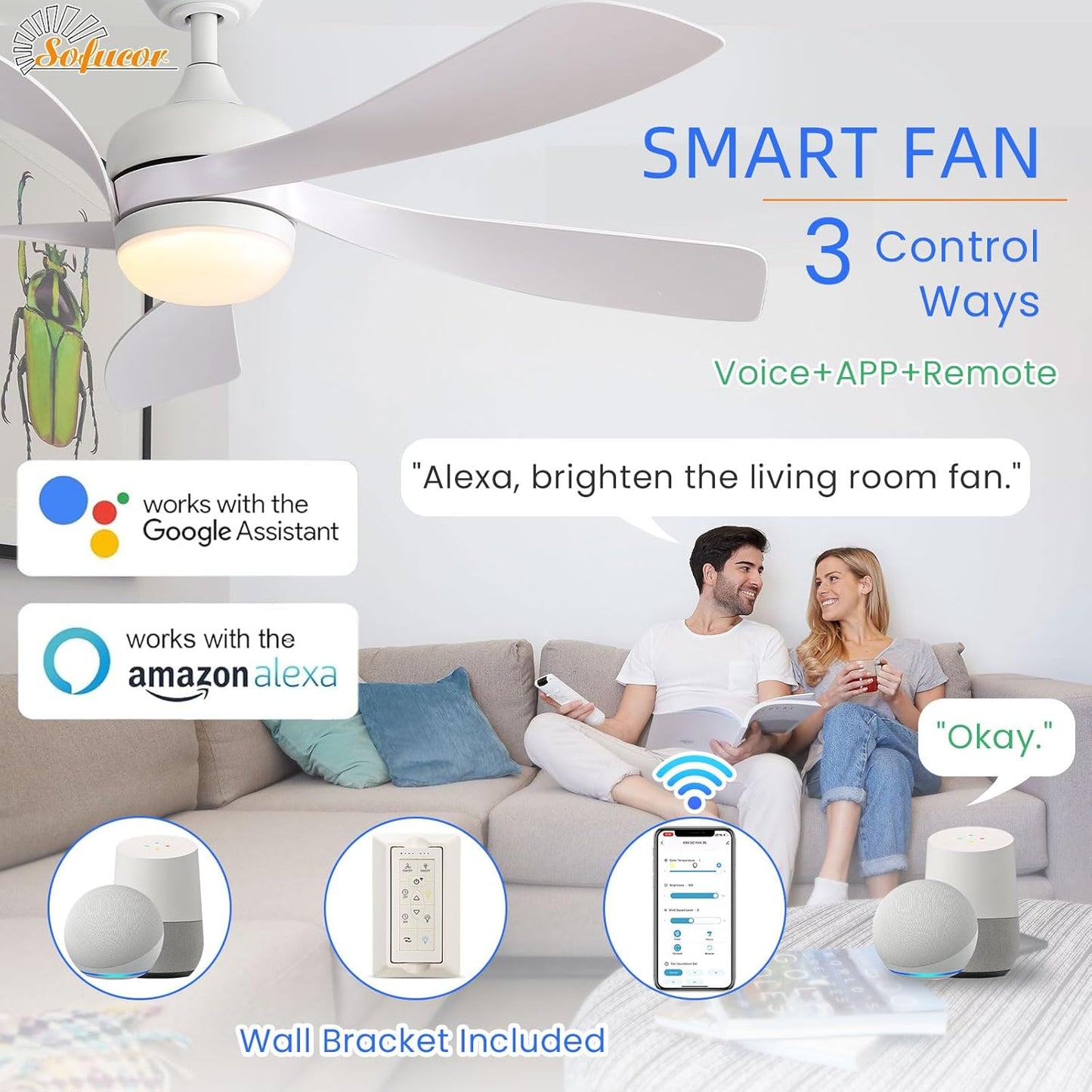 Sofucor 52" Smart Ceiling Fan, Indoor/Outdoor White Ceiling Fans with Lights and Remote, Works with Alexa/Google/App, 3-Color Light 6-Speed Timing Reversible DC Motor for Bedroom Living Room Patio