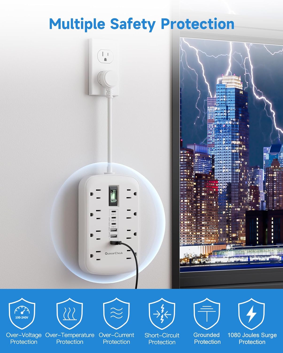 Short Extension Cord 1 ft - Small Power Strip Flat Outlet Extender Surge Protector with 8 AC Outlets 6 USB (5V/4.8A 24W), Mini Extension Cord Flat Wall Plug for Home Office Dorm Kitchen Bathroom