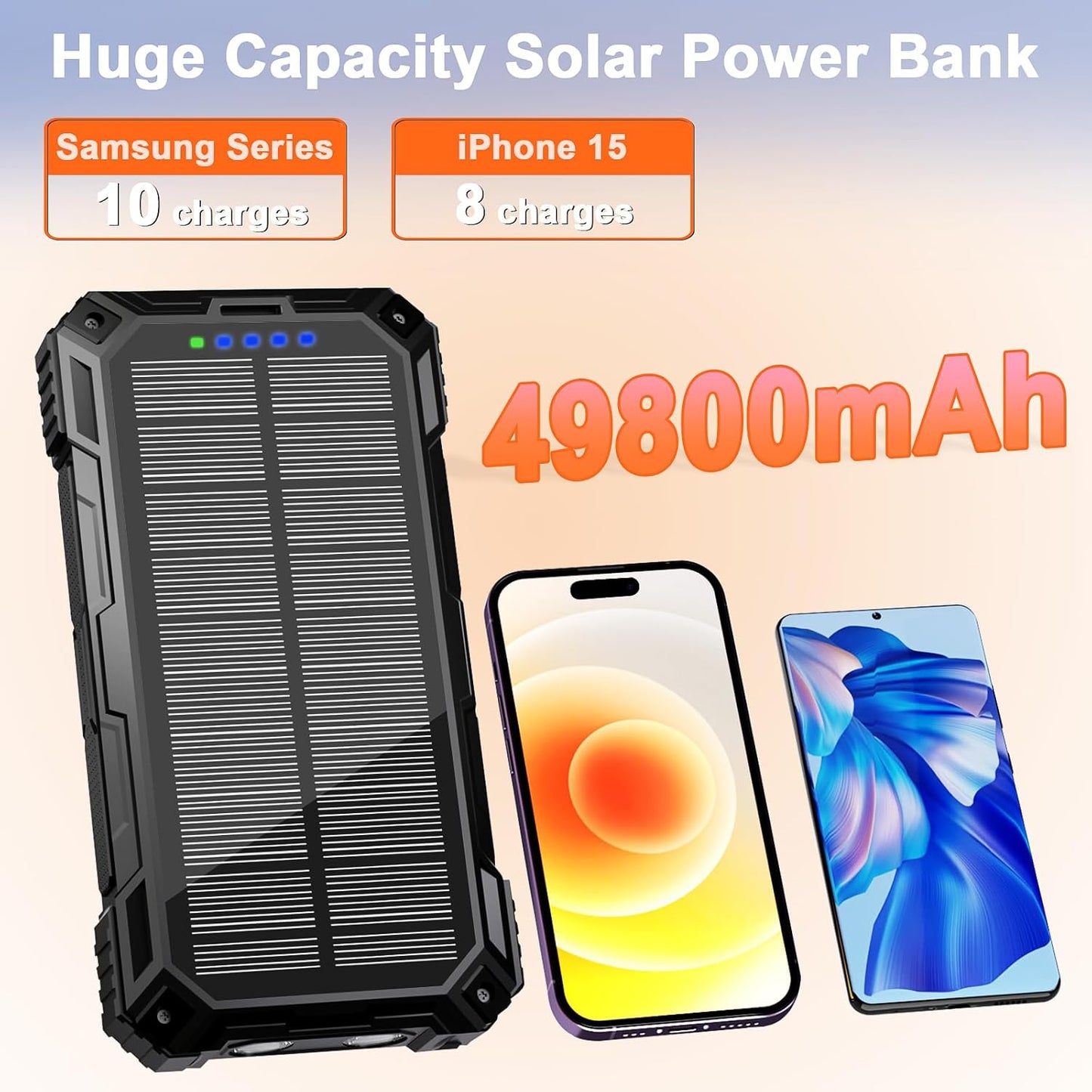 WONGKUO Solar Charger Power Bank - 49800mAh Solar Phone Charger with USB-C in/Output, QC 3.0 Fast Charging with LED Flashlight, Built-in 4 Cables, IP65 Waterproof Fits for Outdoor (Flash Black)
