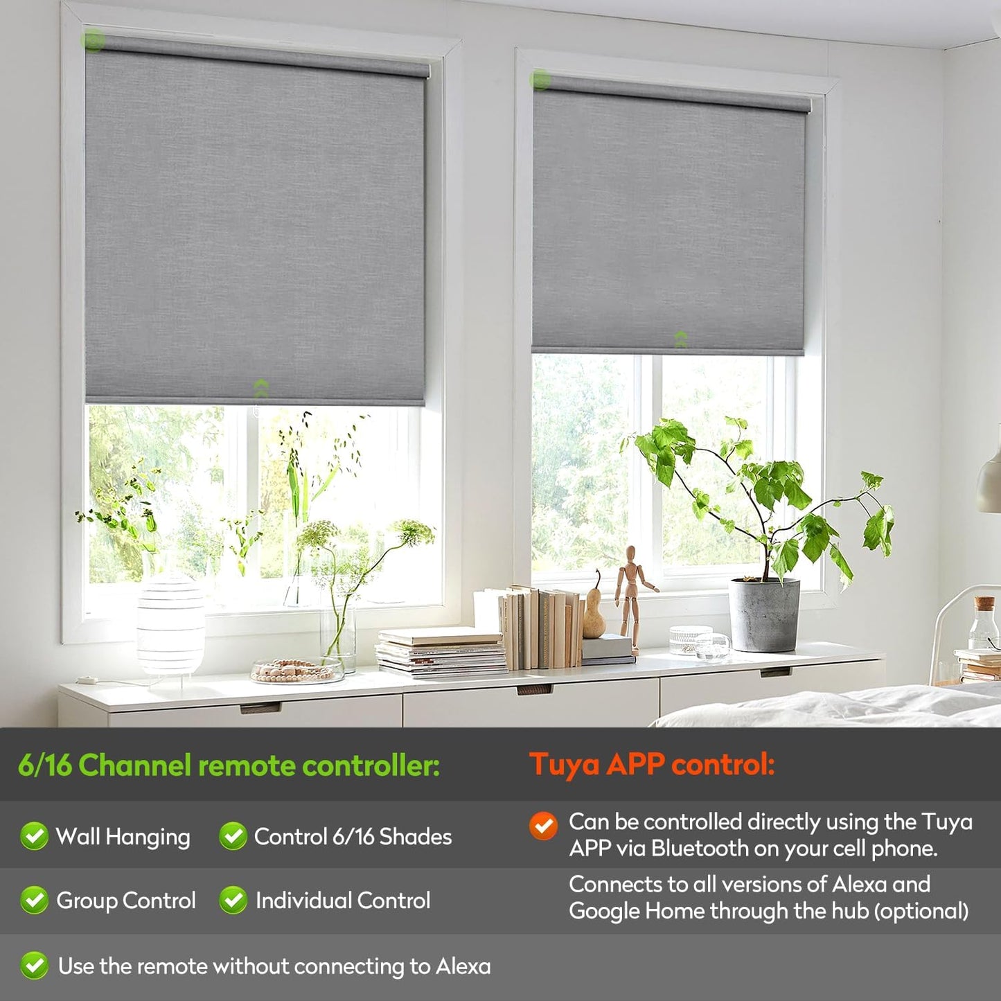 ZSTARR Motorized Blackout Roller Blinds with Remote Control,Rechargeable Smart Window Shades Compatible with Alexa Google via Hub,Fabric Wrapped Valance, Custom Size (Gray)