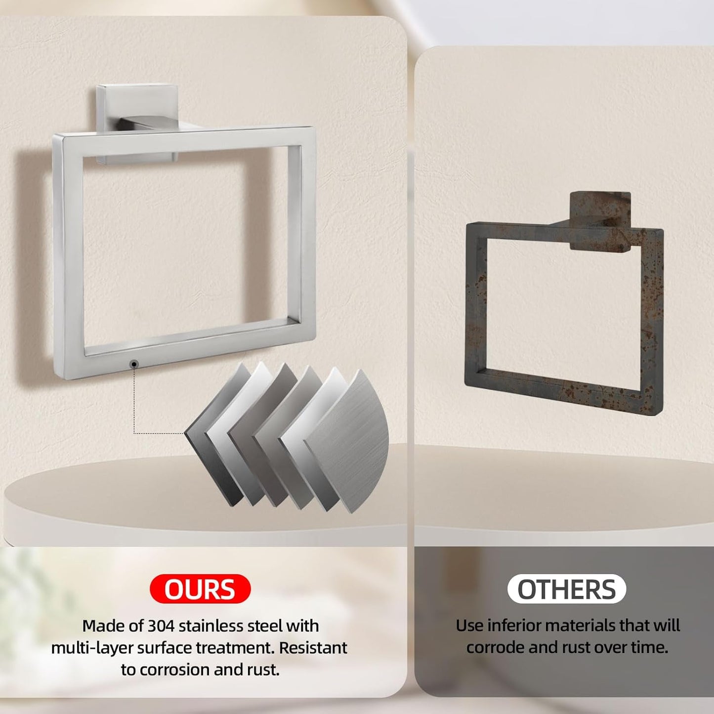 2-Piece Brushed Nickel Square Towel Ring,Modern Hand Towel Holder for Bathroom,Stainless Steel Towel Hangers Wall-Mounted Towel Rack