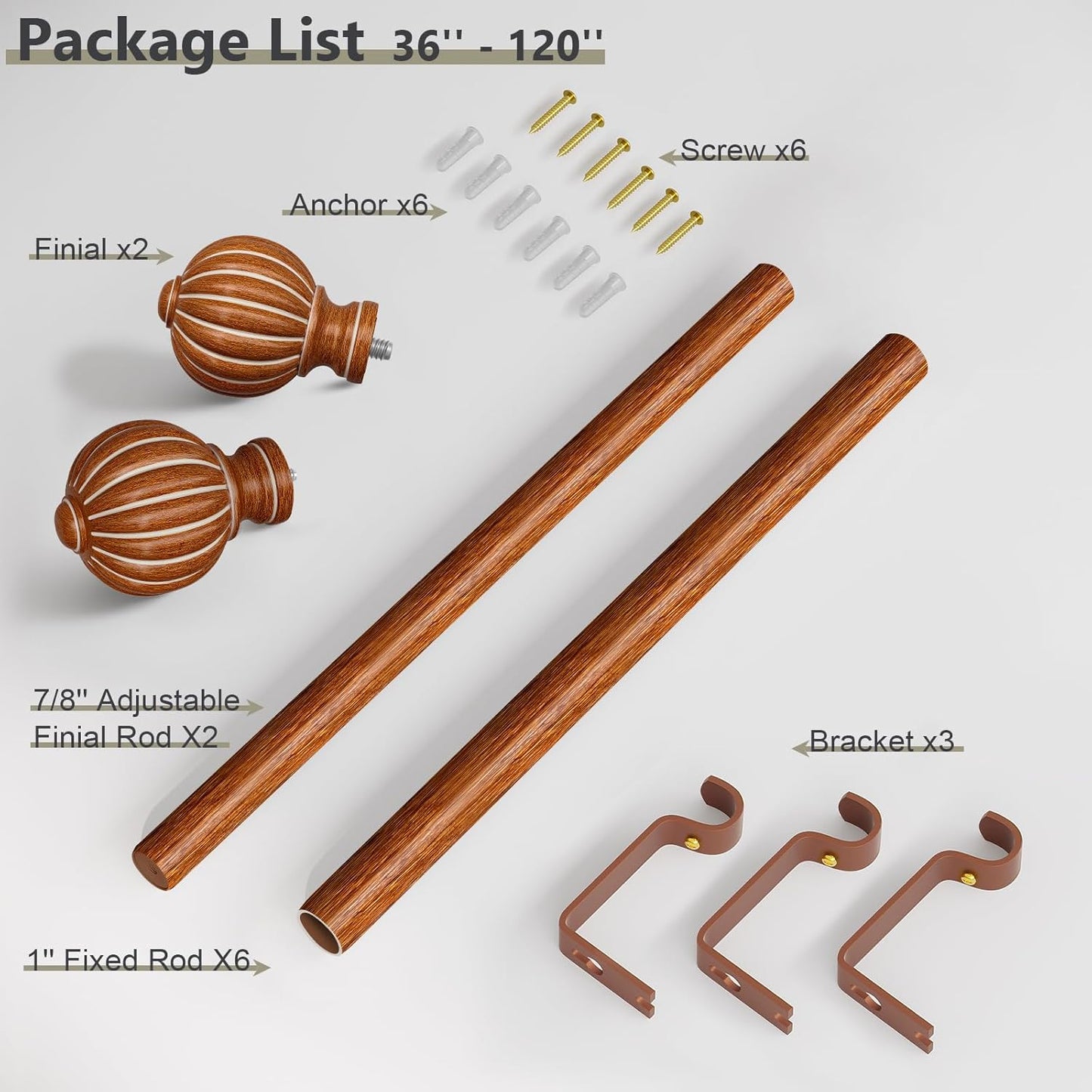 Reddish-Brown Wood Curtain Rods for Windows 66 to 120 Inch, 1'' Adjustable Heavy Duty Curtain Rod，Vintage Imitation Wood Decorative Drapery Rods with Pumpkin Finials for Bedroom Living Room