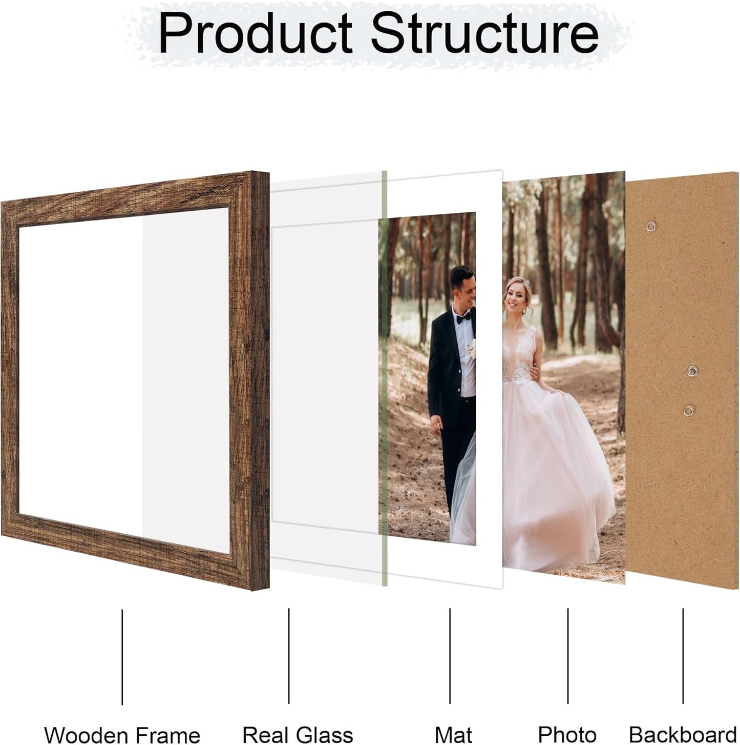 iRahmen 12x12 Picture Frame Set of 4 with Tempered Glass, Rustic Frame Display 10x10 Pictures with Mat or 12 x 12 Without Mat, Wood Square Photo Frames for Desktop Display and Wall Mounting
