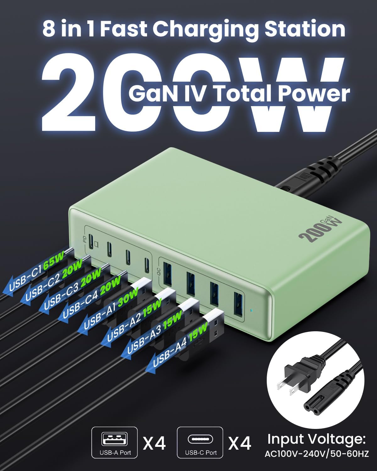 200W USB C Charger Block,GaN IV Charging Station 8 Ports,QC4.0 Fast Charging Station Hub+PD 65W USB C Laptop Charger Adapter Compatible with MacBook Air/Pro,DELL,iPhone 17/16/15,iPad,Steam Deck-Green