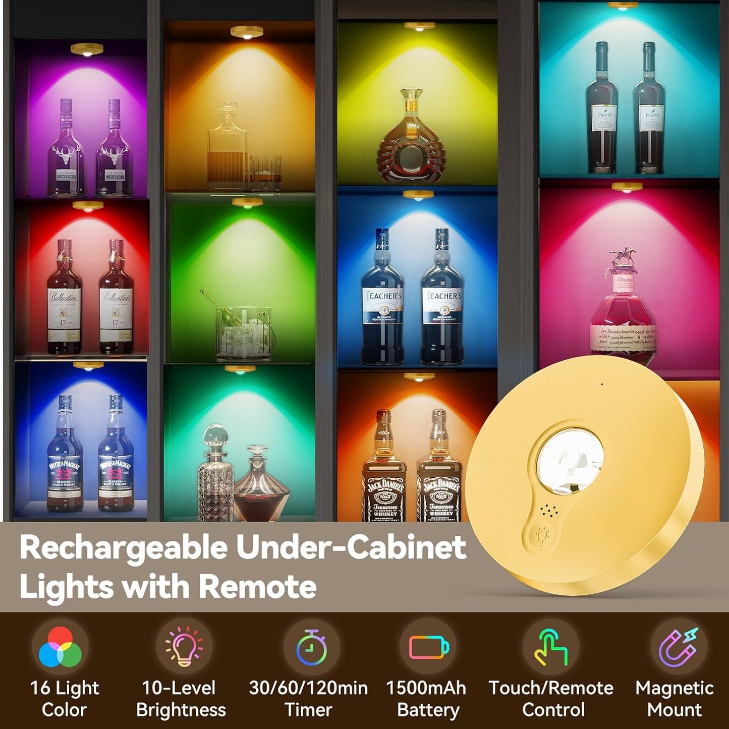Rechargeable Puck Lights with Remote, 3 Pack Magnetic Under Cabinet Lighting, 1500mAh Battery Operated LED Tap Lights with Dimmer & Timmer for Kitchen, Closet, Shelf - 3 Color Temps & 12 RGB, Gold
