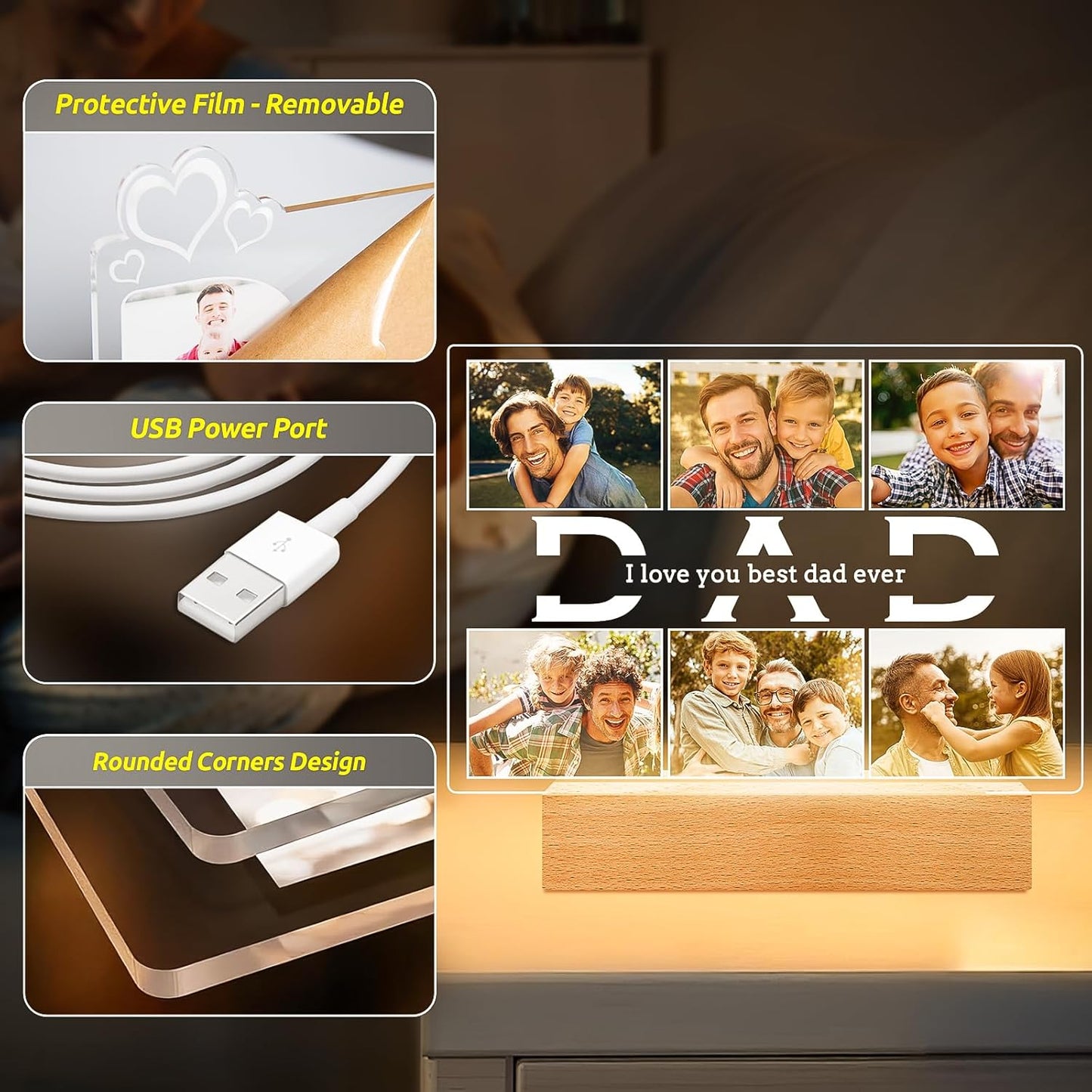 Personalized Gifts for Dad from Daughter and Son, Custom Picture Frames with Photos, Personalized Photo Frame with Night Light, Customized Birthday Gifts for Dad Baby Kid Family