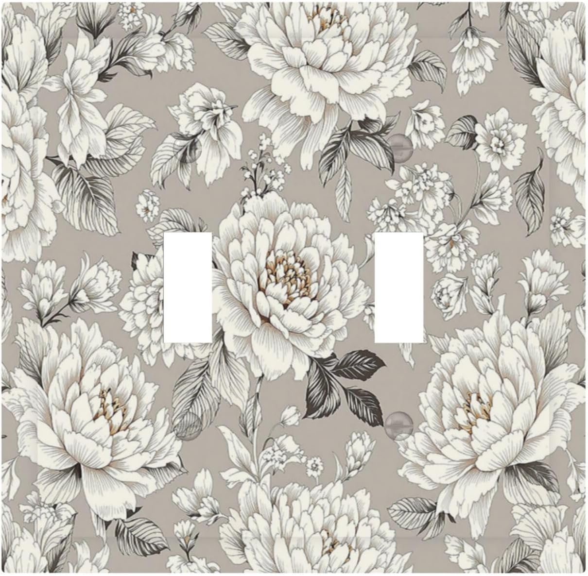 White Poppies Floral Modern Grey Peonies Flowers Decorative Switch Plates 2 Gang Double Toggle Outlet Light Switch Cover Wall Plate Electrical Faceplate for Bedroom Bathroom Decor