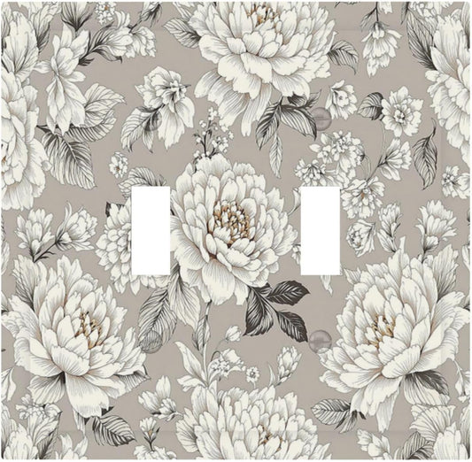 White Poppies Floral Modern Grey Peonies Flowers Decorative Switch Plates 2 Gang Double Toggle Outlet Light Switch Cover Wall Plate Electrical Faceplate for Bedroom Bathroom Decor