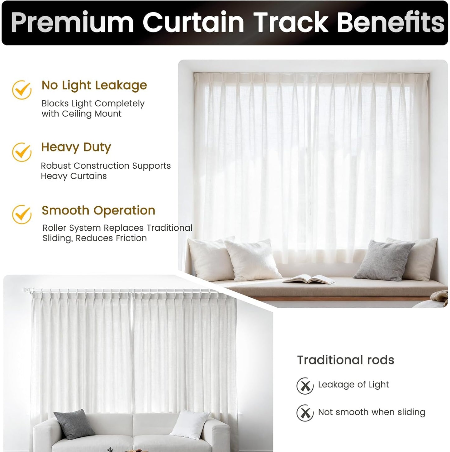 Aluminum 18 ft–24 ft Ceiling Curtain Track Set with 3 Types of Hooks, Adjustable Ceiling/Wall Mount Room Divider Curtain Rail System, White