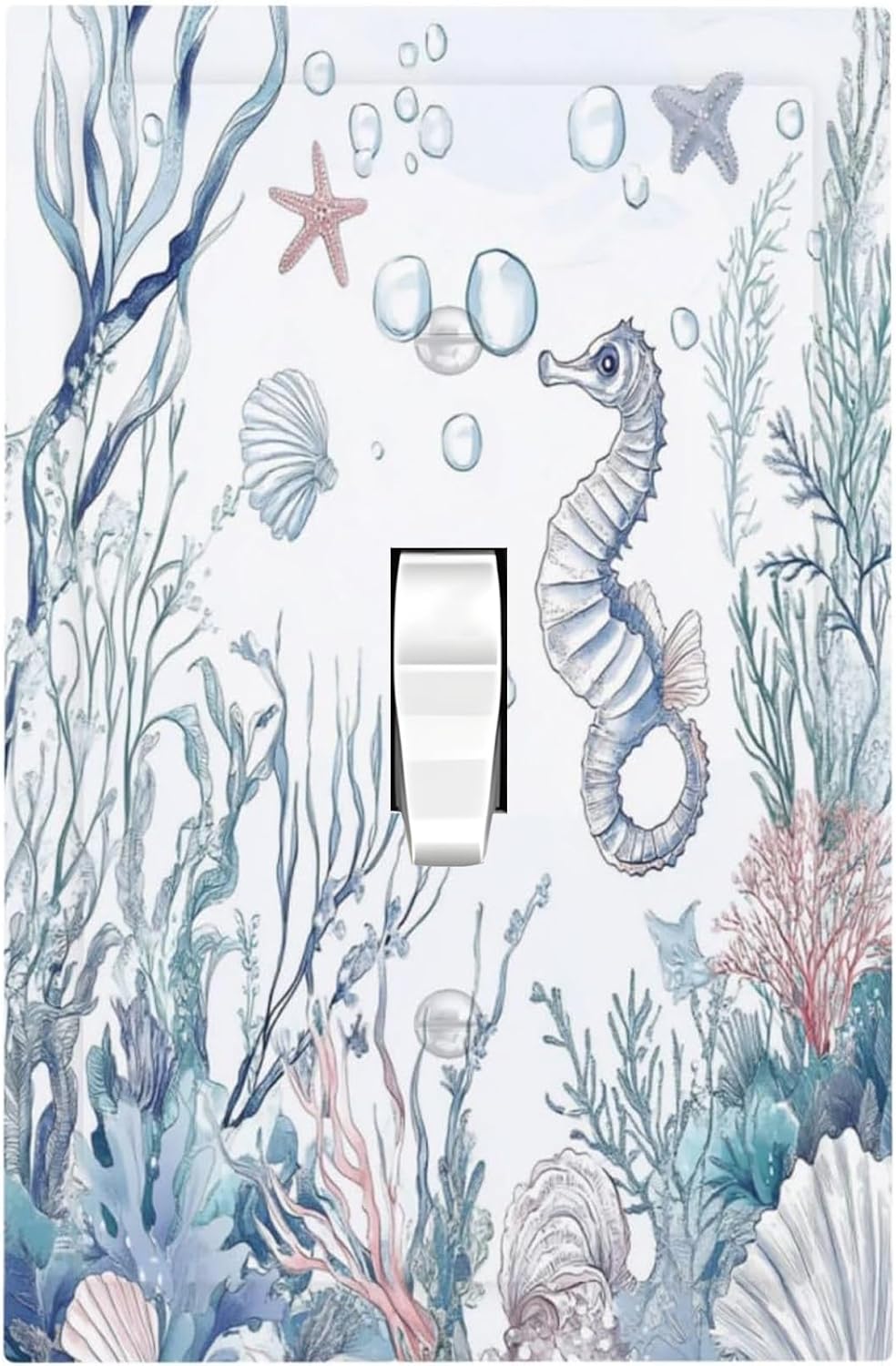 Decorative Light Switch Cover Ocean Coral Seahorse Seashell Starfish 1 Gang Single Toggle Device Electrical Faceplate Switchplates Decorator Outlet Wall Plate For Bathroom Home Decor