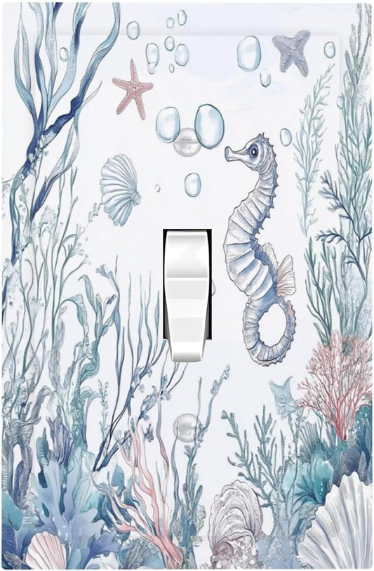 Decorative Light Switch Cover Ocean Coral Seahorse Seashell Starfish 1 Gang Single Toggle Device Electrical Faceplate Switchplates Decorator Outlet Wall Plate For Bathroom Home Decor