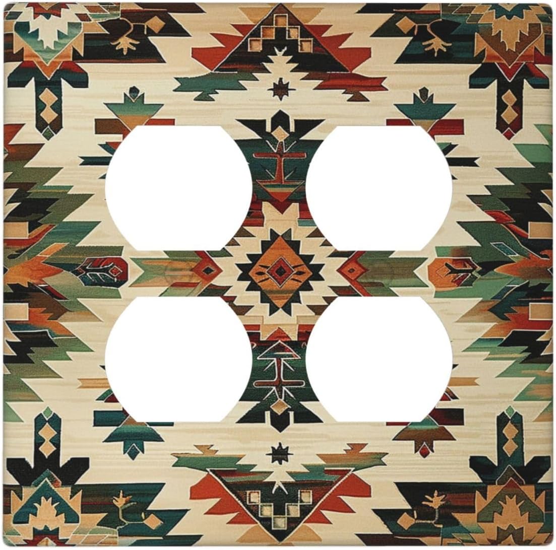 Outlet Covers Southwest Rustic American Indian Aztec Boho 2 Gang Double Duplex Decorative Light Switch Covers Electrical Wallplates Socket Faceplate for Bed Room living Room Decor