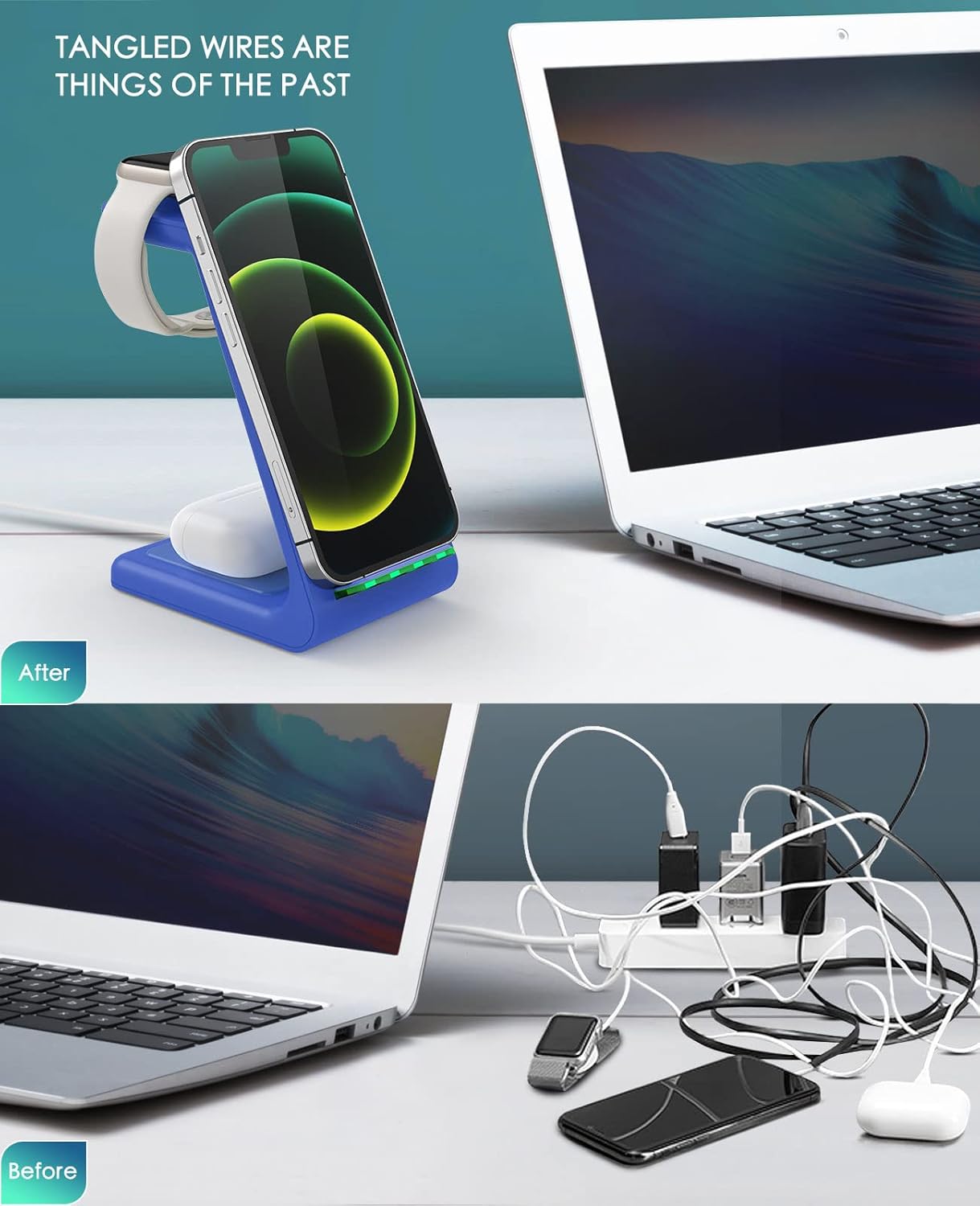3 in 1 Wireless Charging Station, 2025 Upgraded Fast Desk Charger Station for iPhone 17 16 15 14 13 12 Pro Max Plus, Charger Stand for Apple Watch 10 9 8 7 6 5 4 3 2 SE, Airpods 4 3 2 Pro(Blue)
