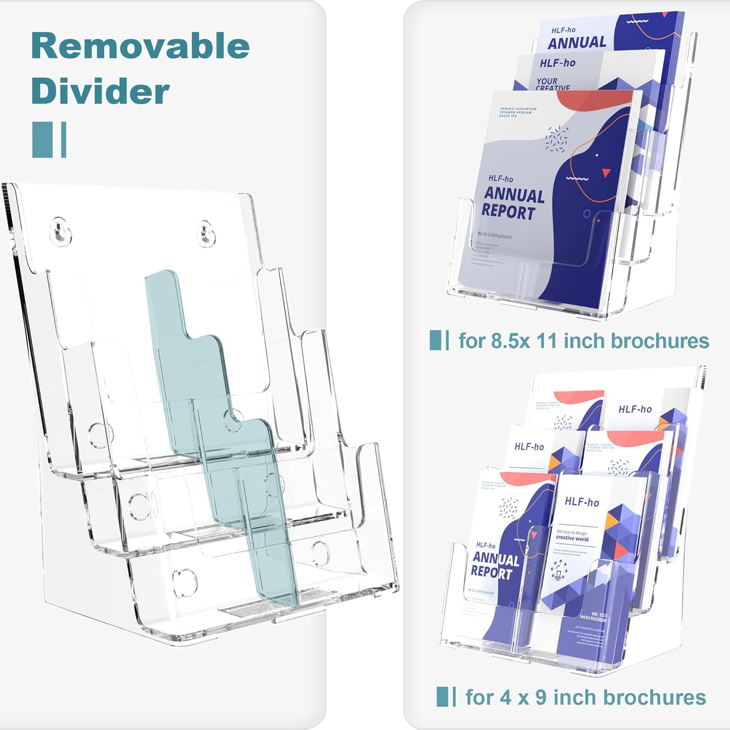 Brochure Holder 8.5x11 Inch 3 Tier with Removable Divider for 4x9 inch Clear Acrylic Pamphlet Display Stand Holder Countertop Use or Wall Mount for Office, Lobby, Hotel, Trade Show, 1 Pack