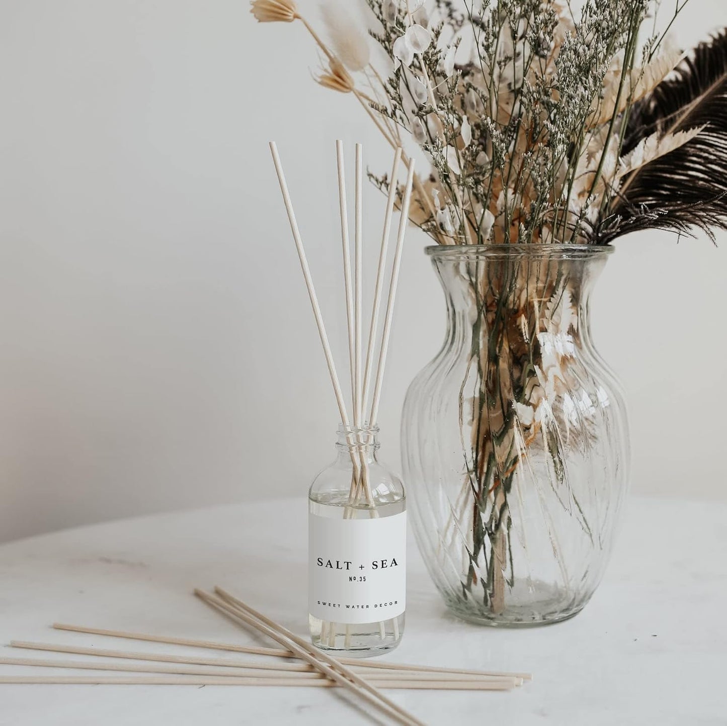 Sweet Water Decor Salt & Sea Reed Diffuser Set - Sea Salt Citrus & Musk Amber Scent Diffuser - Reed Diffusers for Home with Long Lasting Fragrance - Non-Toxic Oil Reed Diffuser - Made in The USA