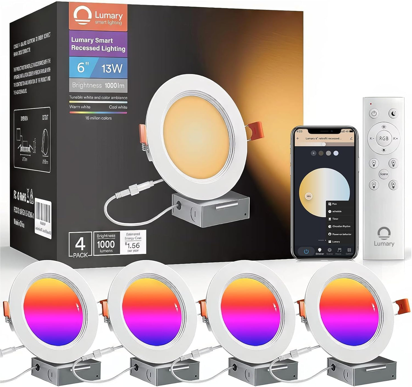 Lumary Smart WiFi LED Recessed Lighting 6 Inch with Remote, RGBWW Canless Ceiling Lights with Anti-Glare Metal Trim & J-Box, Compatible with Alexa/Google, 13W 1000Lm, 4Pack