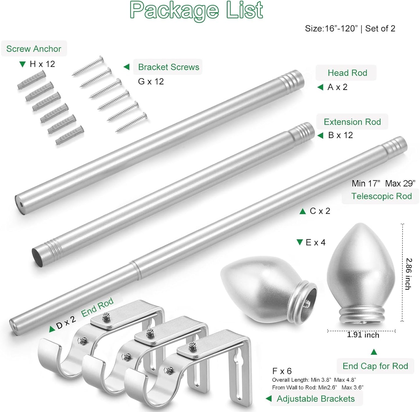 Curtain Rods for Windows 16 to 120 inches, Curtain Rod Max Adjustable Length to 132 in, Drapery Rod 1 inch Diameter with Modern Knobs Finials (Satin Silver, 16" to 120" - Set of 2)