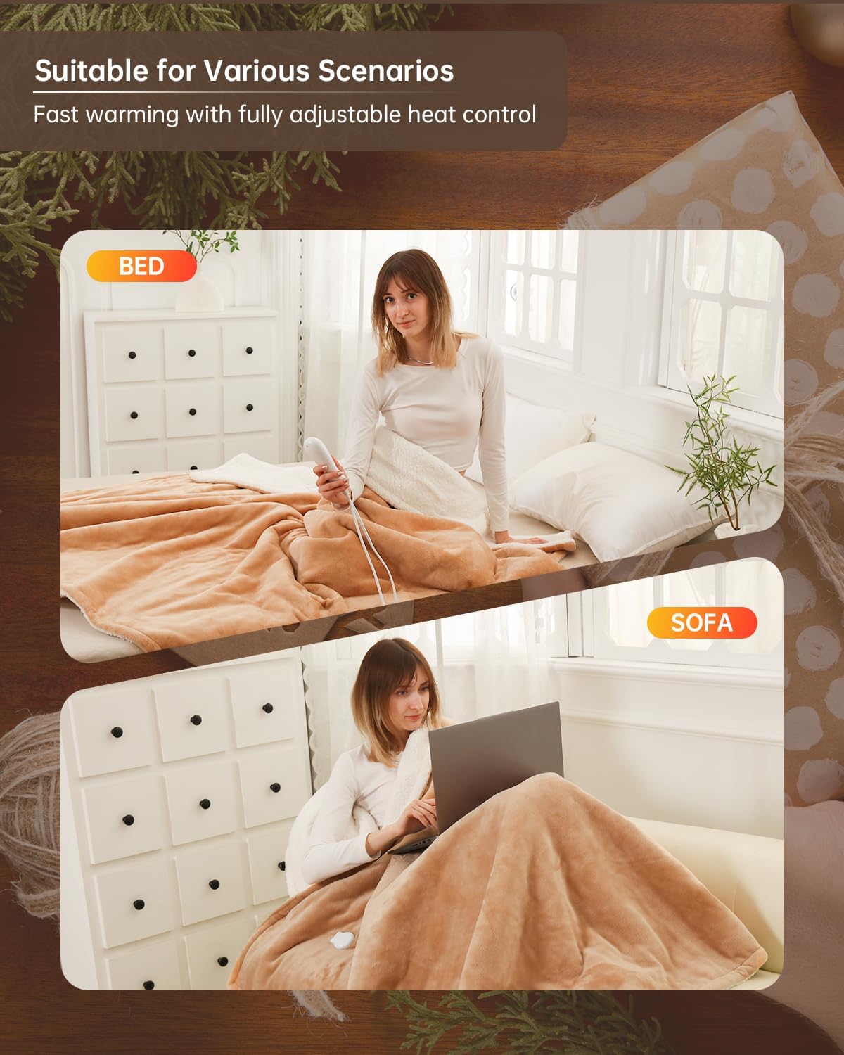 Electric Heated Blanket Throw Size, Washable Blanket Warmer for Home for Adults, Fast Heating, Super Cozy Soft Flannel 50" x 60", 9 Heat Levels, 1-9H Auto-Off, ETL Certified, Camel