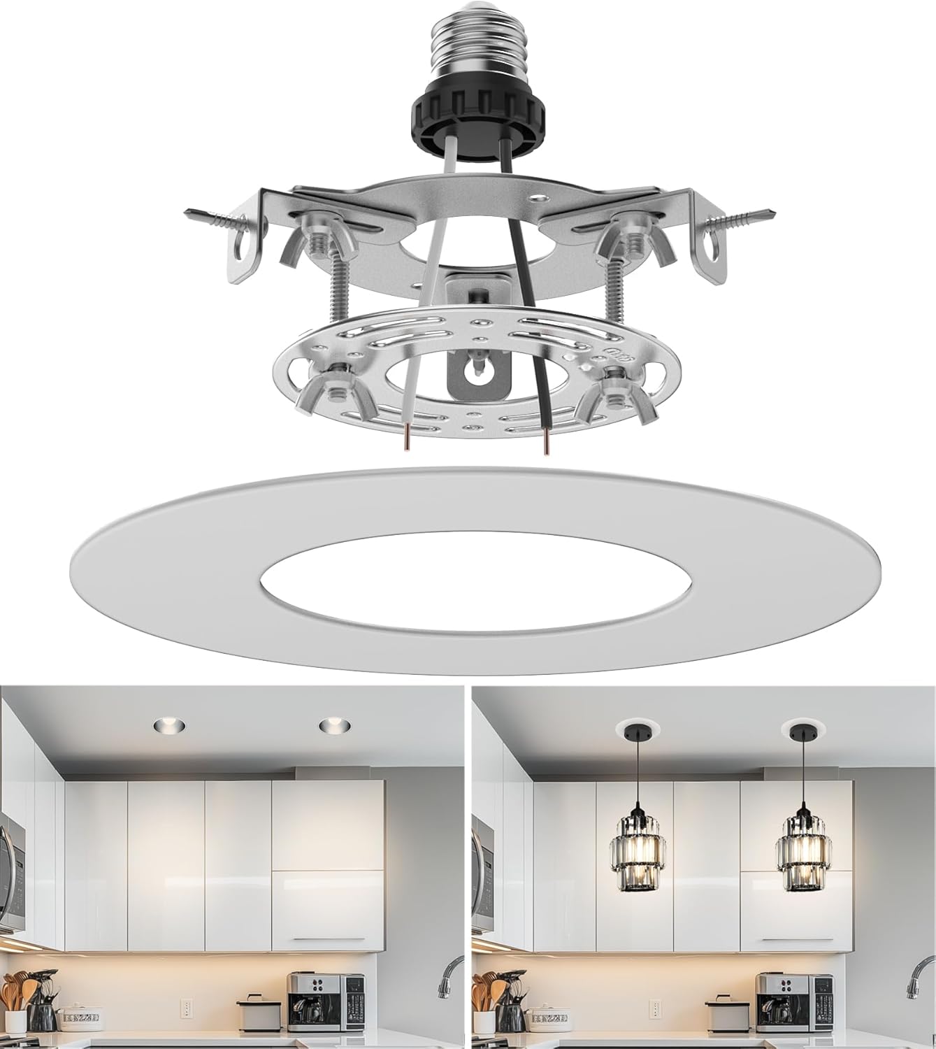 Recessed Can Light Conversion Kit for 5" and 6" Ceiling Fixtures - Pendant/Hanging Light Upgrade, Compatible with Ceiling Fans, Includes 7¾" Flat Steel Medallion, White Finish