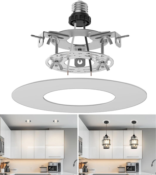 Recessed Can Light Conversion Kit for 5" and 6" Ceiling Fixtures - Pendant/Hanging Light Upgrade, Compatible with Ceiling Fans, Includes 7¾" Flat Steel Medallion, White Finish