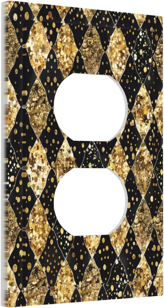 Gold Black Marble Geometric Plaid Glitter Outlet Covers 1 Gang Duplex Light Switch Cover Wall Plate Decorative Switch Plates Electrical Receptacle Faceplate for Bedroom Bathroom Decor