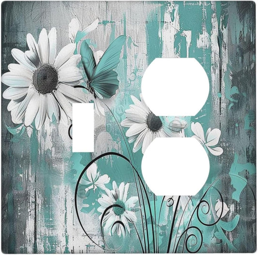 Wallplates Teal Daisy Floral Vintage Wood Plank 1 Toggle 1 Duplex Switch Plate Electrical Gfci Faceplate Decorative Light Switch Covers For Farmhouse Cabin Decor