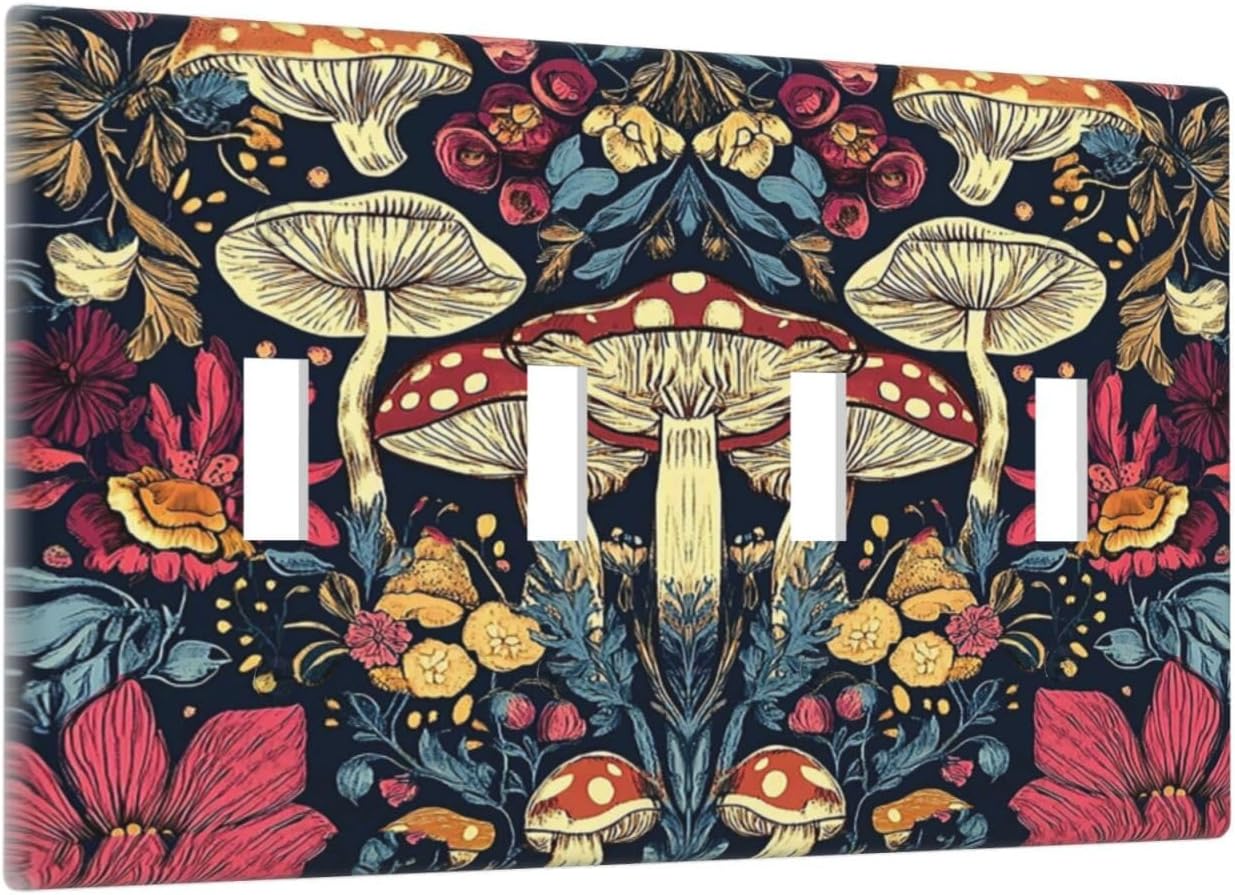 Light Switch Cover Plate Coloful Red Yellow Orange Magical Mushroom Forest 4 Gang Quad Toggle Wall Plate Electrical Outlet Cover Decorative Switch Plate Covers for Bedroom Home Decor