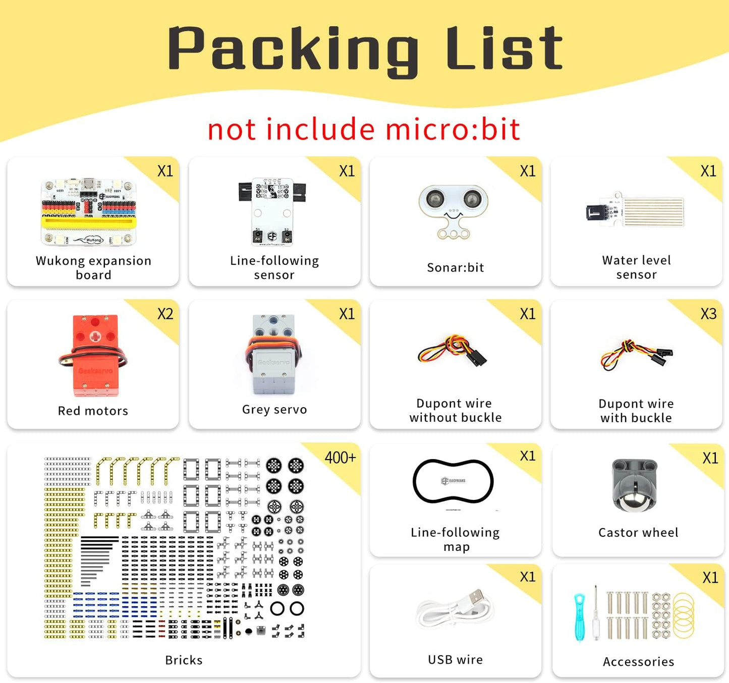 ELECFREAKS microbit 32 in 1 Wonder Sensor Kit, Makecode Programmable Learning Kit with Building Bricks/Sensors/Wukong Expansion Board(Without Micro:bit)
