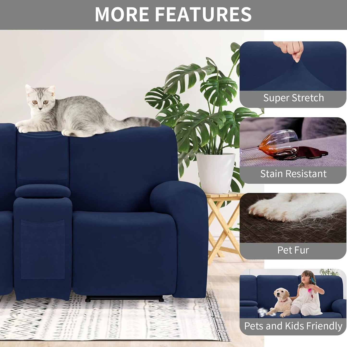 Easy-Going 100% Waterproof Recliner Cover Additional Seat Cover for Reclining Couch, Stretch Sofa Covers Washable Furniture Protector for Kids & Pets, 1 Seat, Navy