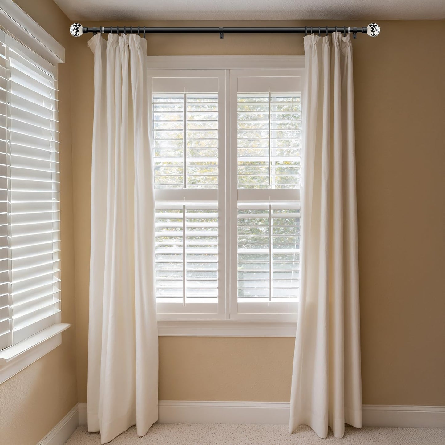 Ceramic Black Curtain Rods for Windows 28 to 48 Inches Adjustable Length Heavy Duty 1" Diameter Window Curtain Rod with Modern Leaf Pattern Decorative Finials for Bedroom Kitchen Living Room